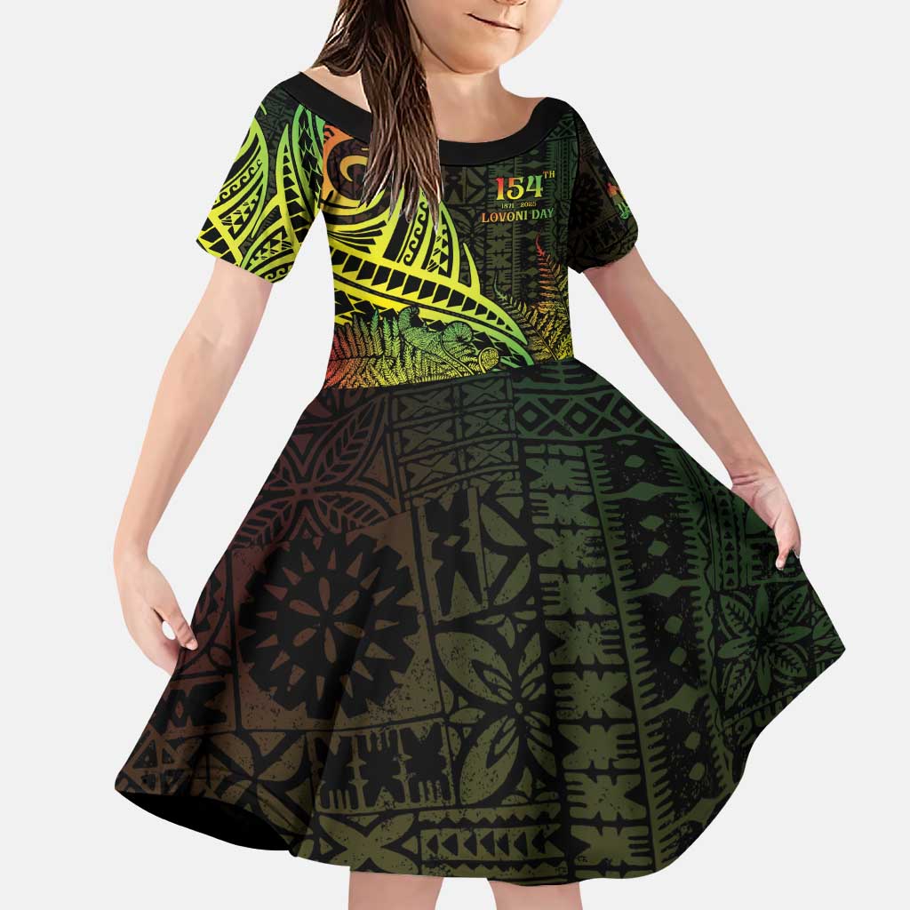 Personalised Fiji Lovoni Day Family Matching Puletasi and Hawaiian Shirt 154th Years LT05 Daughter's Dress Reggae - Polynesian Pride