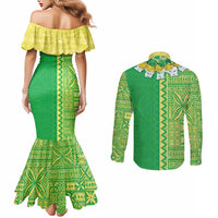 Fiji Lovoni Couples Matching Mermaid Dress and Long Sleeve Button Shirt Fijian Tapa Salusalu Green Glitter LT05 - Polynesian Pride
