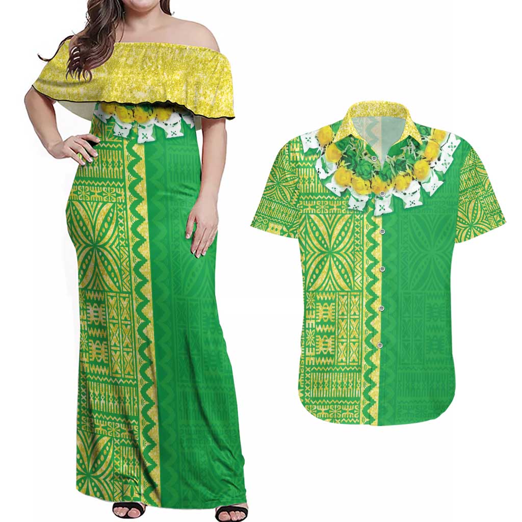 Fiji Lovoni Couples Matching Off Shoulder Maxi Dress and Hawaiian Shirt Fijian Tapa Salusalu Green Glitter LT05 Green - Polynesian Pride