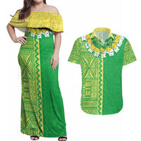 Fiji Lovoni Couples Matching Off Shoulder Maxi Dress and Hawaiian Shirt Fijian Tapa Salusalu Green Glitter LT05 Green - Polynesian Pride