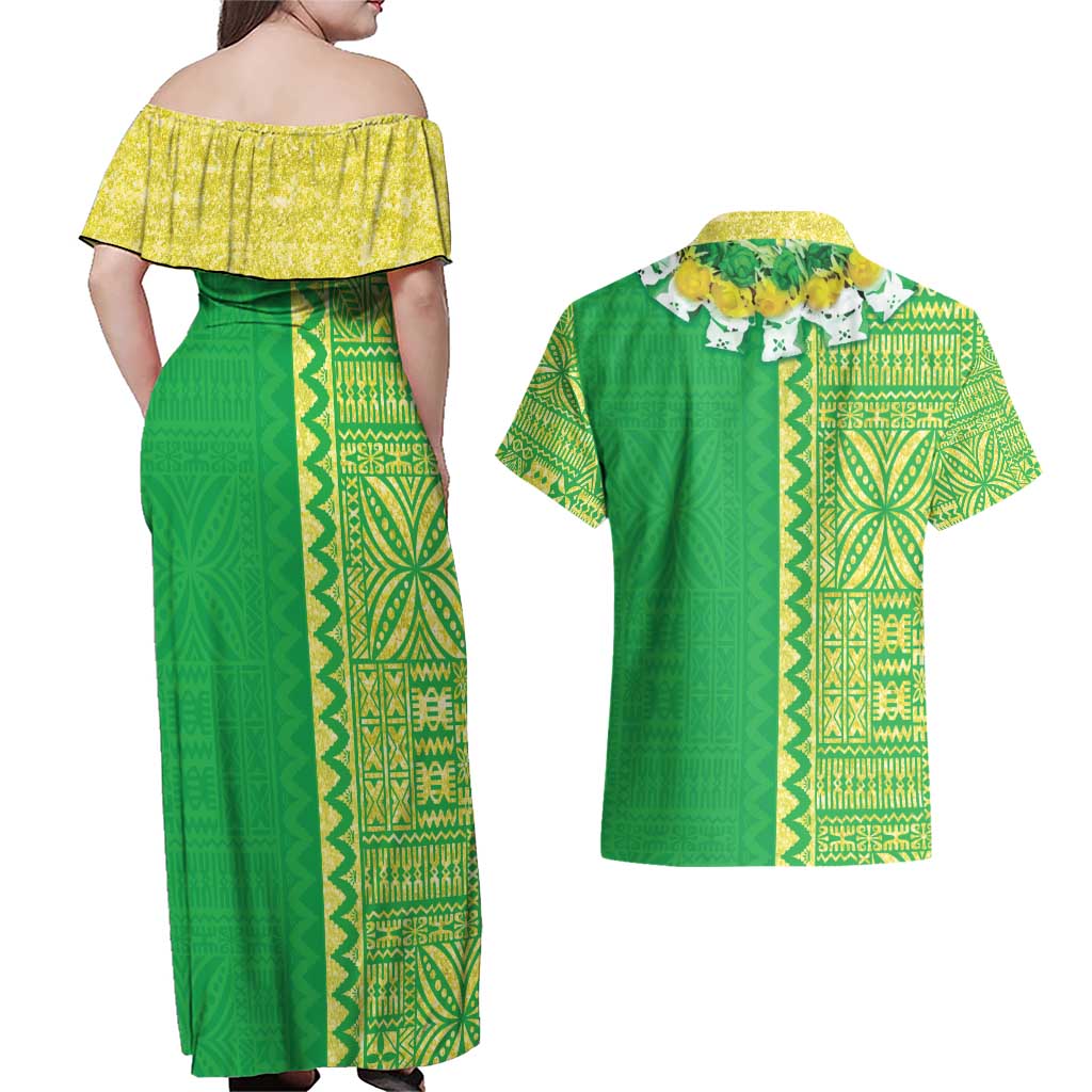 Fiji Lovoni Couples Matching Off Shoulder Maxi Dress and Hawaiian Shirt Fijian Tapa Salusalu Green Glitter LT05 - Polynesian Pride