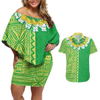 Fiji Lovoni Couples Matching Off Shoulder Short Dress and Hawaiian Shirt Fijian Tapa Salusalu Green Glitter LT05 Green - Polynesian Pride