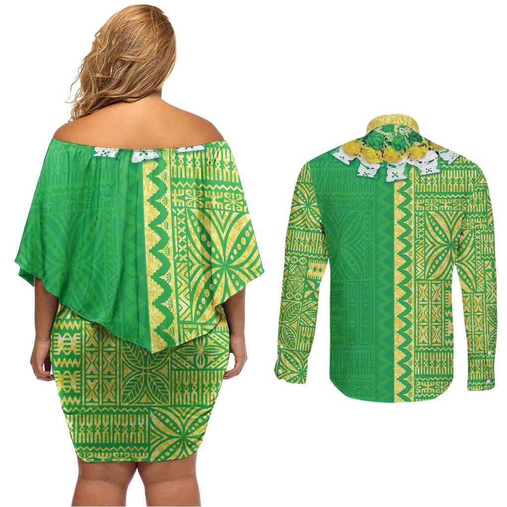 Fiji Lovoni Couples Matching Off Shoulder Short Dress and Long Sleeve Button Shirt Fijian Tapa Salusalu Green Glitter LT05 - Polynesian Pride