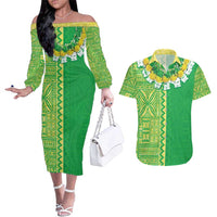 Fiji Lovoni Couples Matching Off The Shoulder Long Sleeve Dress and Hawaiian Shirt Fijian Tapa Salusalu Green Glitter LT05 Green - Polynesian Pride