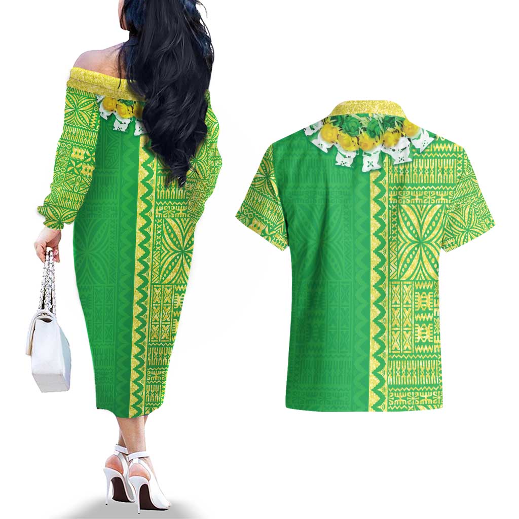 Fiji Lovoni Couples Matching Off The Shoulder Long Sleeve Dress and Hawaiian Shirt Fijian Tapa Salusalu Green Glitter LT05 - Polynesian Pride
