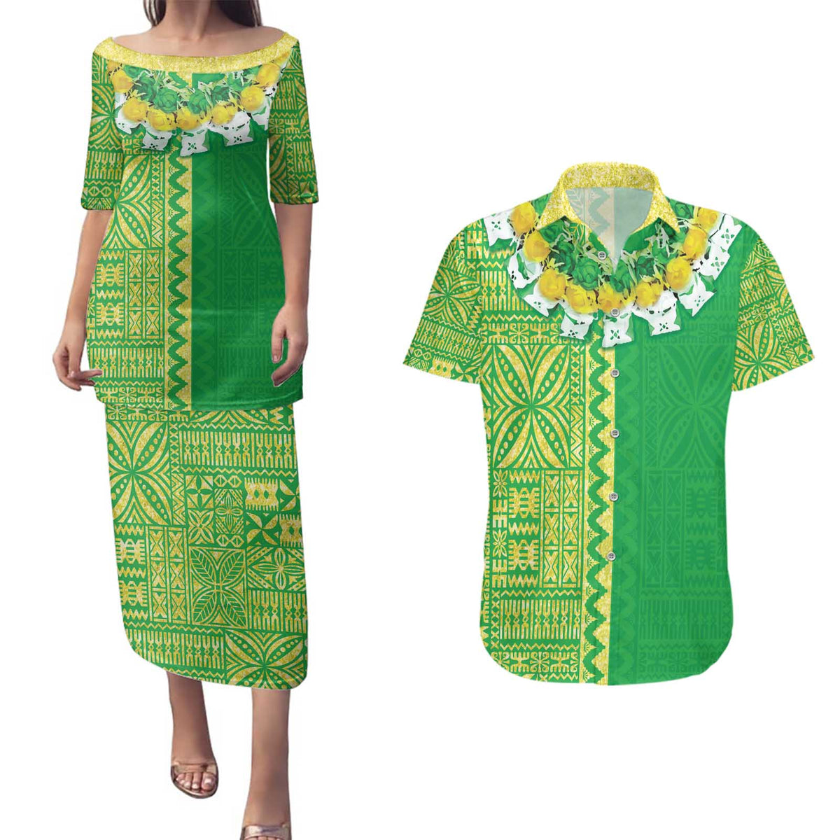 Fiji Lovoni Couples Matching Puletasi and Hawaiian Shirt Fijian Tapa Salusalu Green Glitter LT05 Green - Polynesian Pride