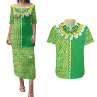 Fiji Lovoni Couples Matching Puletasi and Hawaiian Shirt Fijian Tapa Salusalu Green Glitter LT05 Green - Polynesian Pride