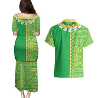 Fiji Lovoni Couples Matching Puletasi and Hawaiian Shirt Fijian Tapa Salusalu Green Glitter LT05 - Polynesian Pride