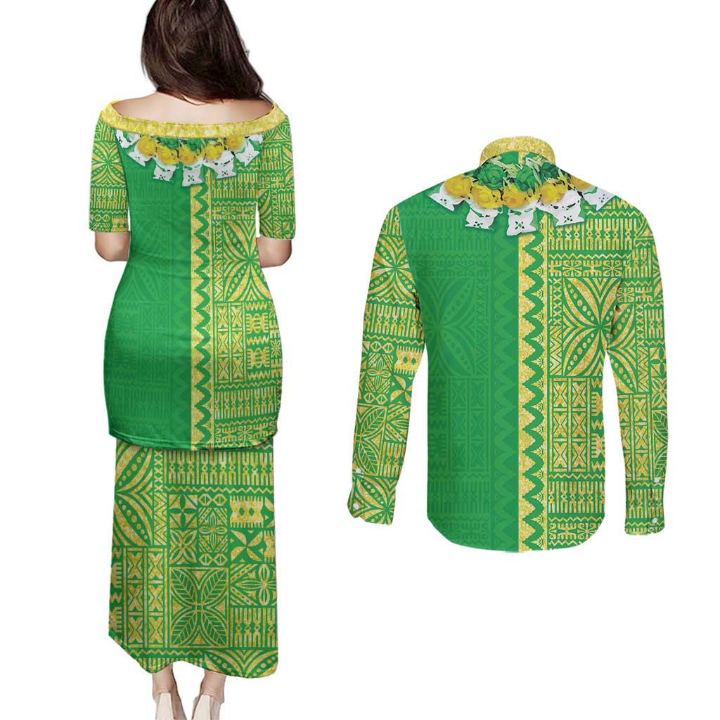 Fiji Lovoni Couples Matching Puletasi and Long Sleeve Button Shirt Fijian Tapa Salusalu Green Glitter LT05 - Polynesian Pride
