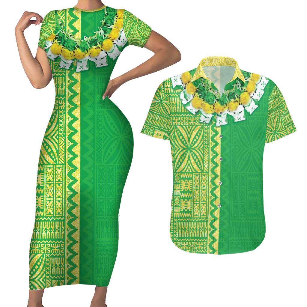 Fiji Lovoni Couples Matching Short Sleeve Bodycon Dress and Hawaiian Shirt Fijian Tapa Salusalu Green Glitter LT05 Green - Polynesian Pride
