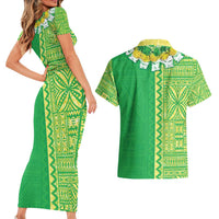 Fiji Lovoni Couples Matching Short Sleeve Bodycon Dress and Hawaiian Shirt Fijian Tapa Salusalu Green Glitter LT05 - Polynesian Pride