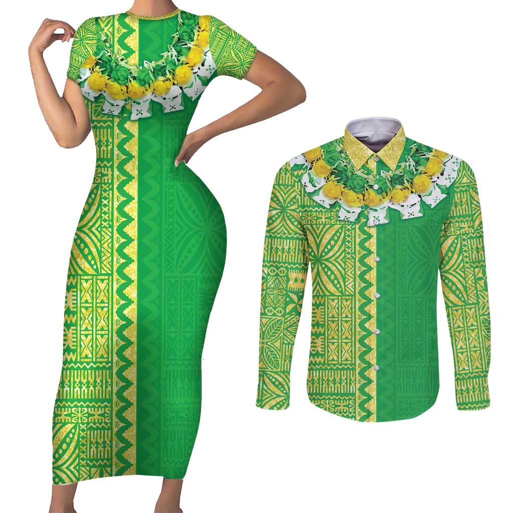 Fiji Lovoni Couples Matching Short Sleeve Bodycon Dress and Long Sleeve Button Shirt Fijian Tapa Salusalu Green Glitter LT05 Green - Polynesian Pride