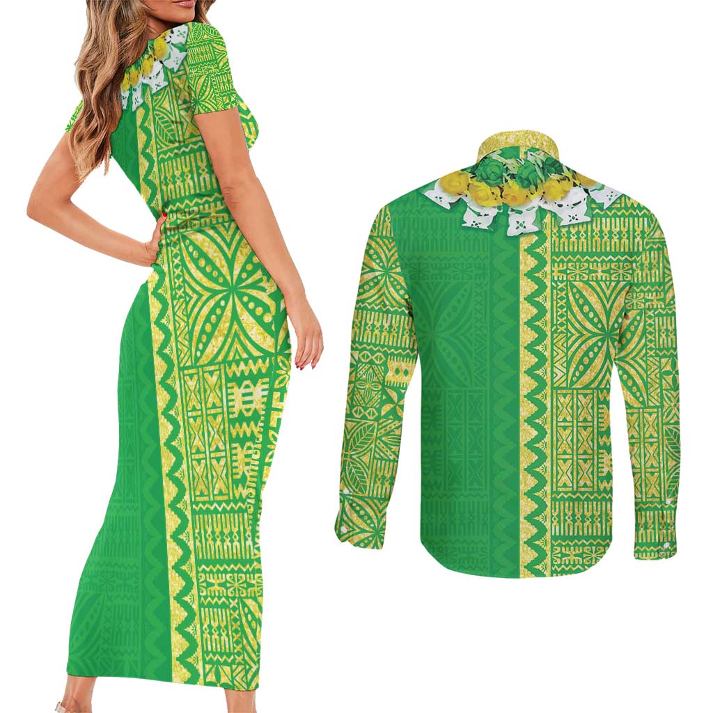 Fiji Lovoni Couples Matching Short Sleeve Bodycon Dress and Long Sleeve Button Shirt Fijian Tapa Salusalu Green Glitter LT05 - Polynesian Pride