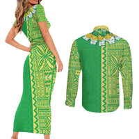 Fiji Lovoni Couples Matching Short Sleeve Bodycon Dress and Long Sleeve Button Shirt Fijian Tapa Salusalu Green Glitter LT05 - Polynesian Pride