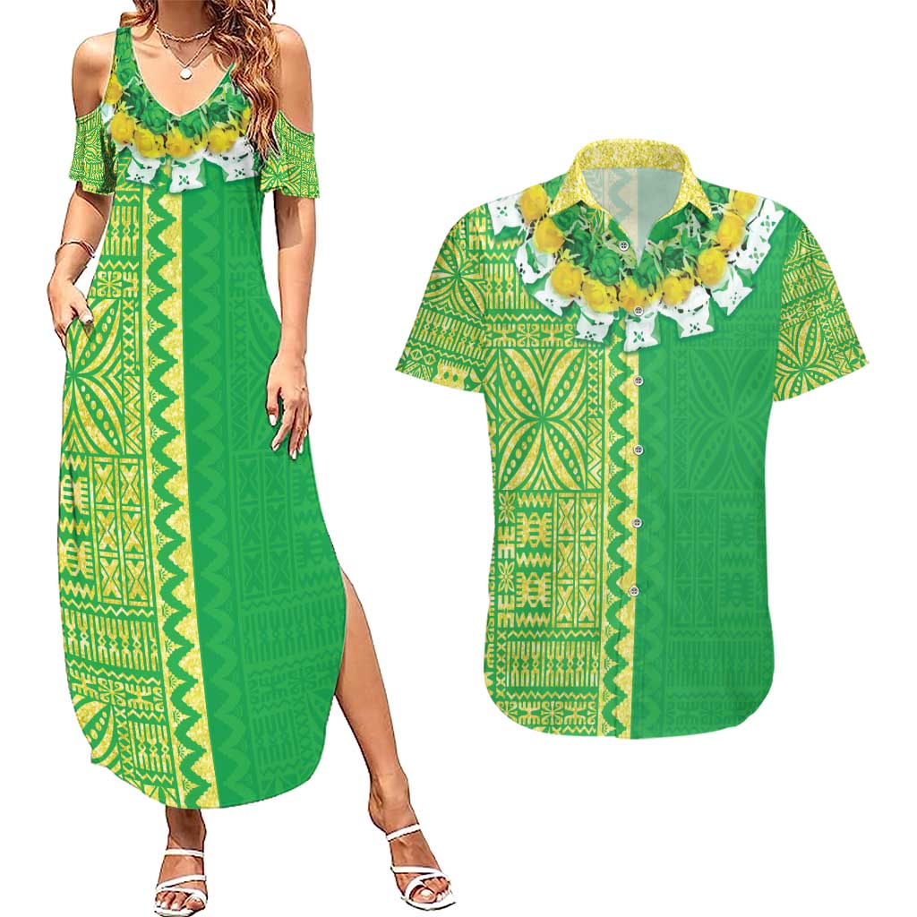 Fiji Lovoni Couples Matching Summer Maxi Dress and Hawaiian Shirt Fijian Tapa Salusalu Green Glitter LT05 Green - Polynesian Pride