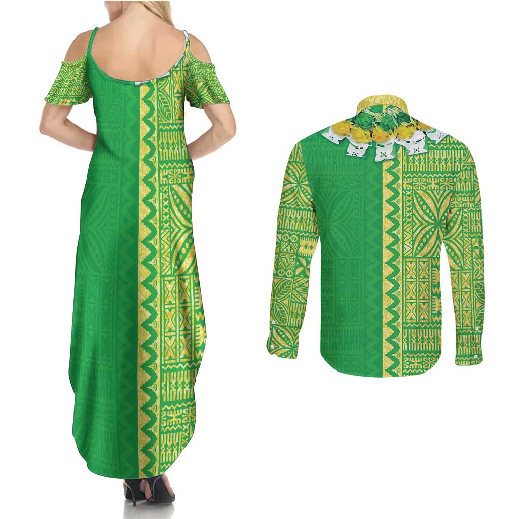 Fiji Lovoni Couples Matching Summer Maxi Dress and Long Sleeve Button Shirt Fijian Tapa Salusalu Green Glitter LT05 - Polynesian Pride