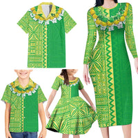 Fiji Lovoni Family Matching Long Sleeve Bodycon Dress and Hawaiian Shirt Fijian Tapa Salusalu Green Glitter LT05 - Polynesian Pride
