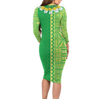 Fiji Lovoni Family Matching Long Sleeve Bodycon Dress and Hawaiian Shirt Fijian Tapa Salusalu Green Glitter LT05 - Polynesian Pride