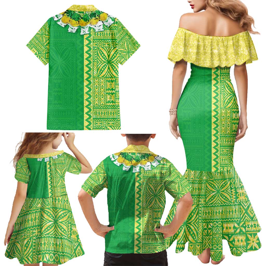 Fiji Lovoni Family Matching Mermaid Dress and Hawaiian Shirt Fijian Tapa Salusalu Green Glitter LT05 - Polynesian Pride