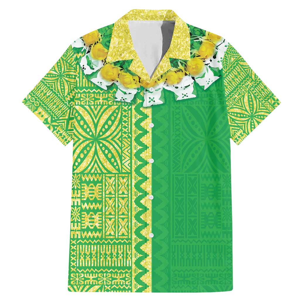 Fiji Lovoni Family Matching Mermaid Dress and Hawaiian Shirt Fijian Tapa Salusalu Green Glitter LT05 Dad's Shirt - Short Sleeve Green - Polynesian Pride