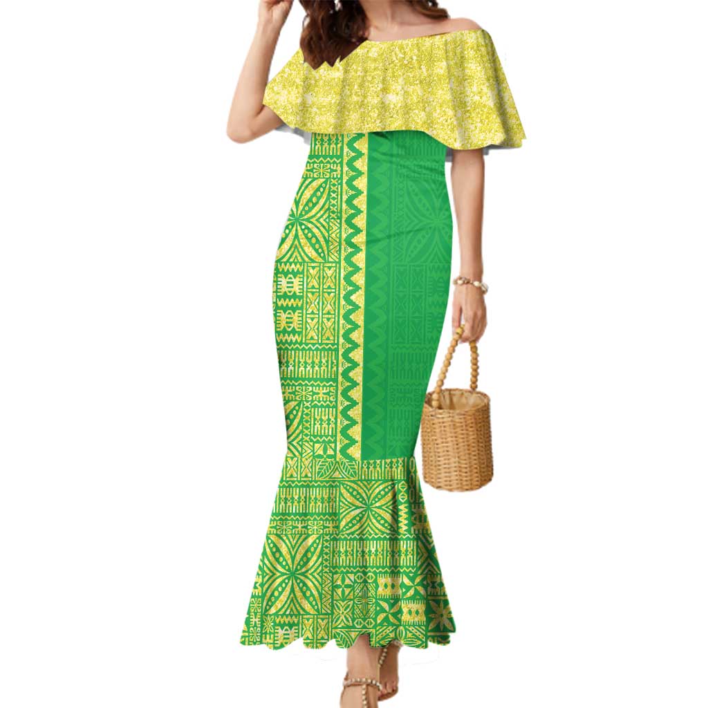 Fiji Lovoni Family Matching Mermaid Dress and Hawaiian Shirt Fijian Tapa Salusalu Green Glitter LT05 Mom's Dress Green - Polynesian Pride