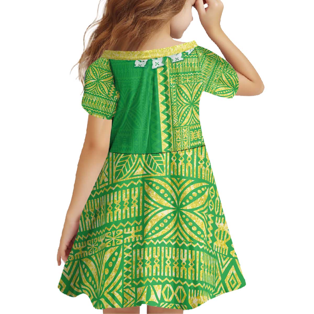 Fiji Lovoni Family Matching Off The Shoulder Long Sleeve Dress and Hawaiian Shirt Fijian Tapa Salusalu Green Glitter LT05 - Polynesian Pride