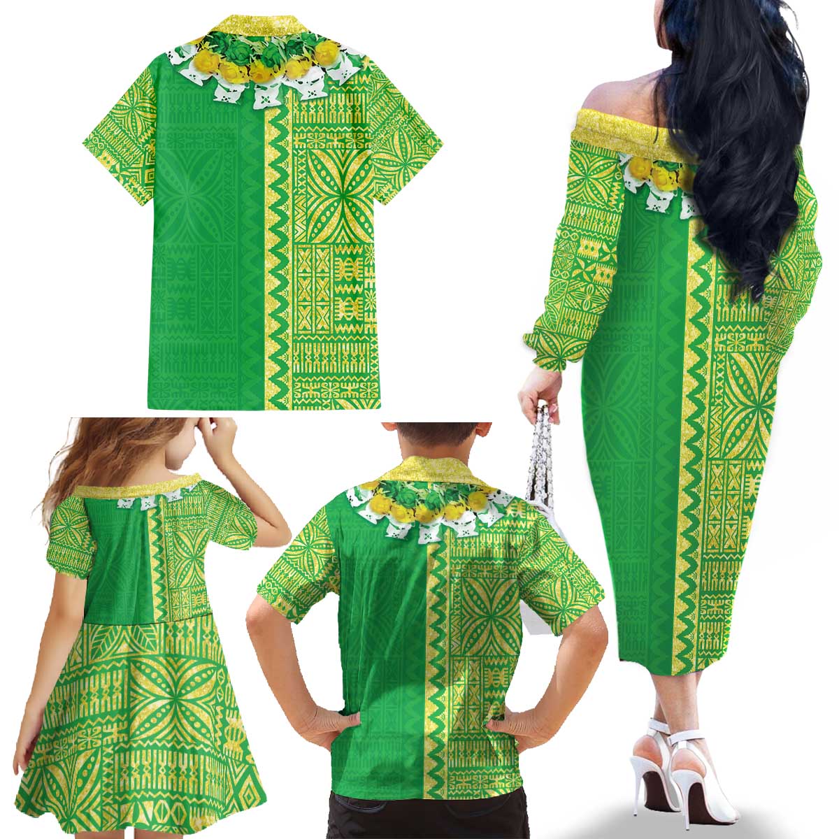 Fiji Lovoni Family Matching Off The Shoulder Long Sleeve Dress and Hawaiian Shirt Fijian Tapa Salusalu Green Glitter LT05 - Polynesian Pride