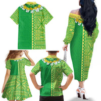 Fiji Lovoni Family Matching Off The Shoulder Long Sleeve Dress and Hawaiian Shirt Fijian Tapa Salusalu Green Glitter LT05 - Polynesian Pride