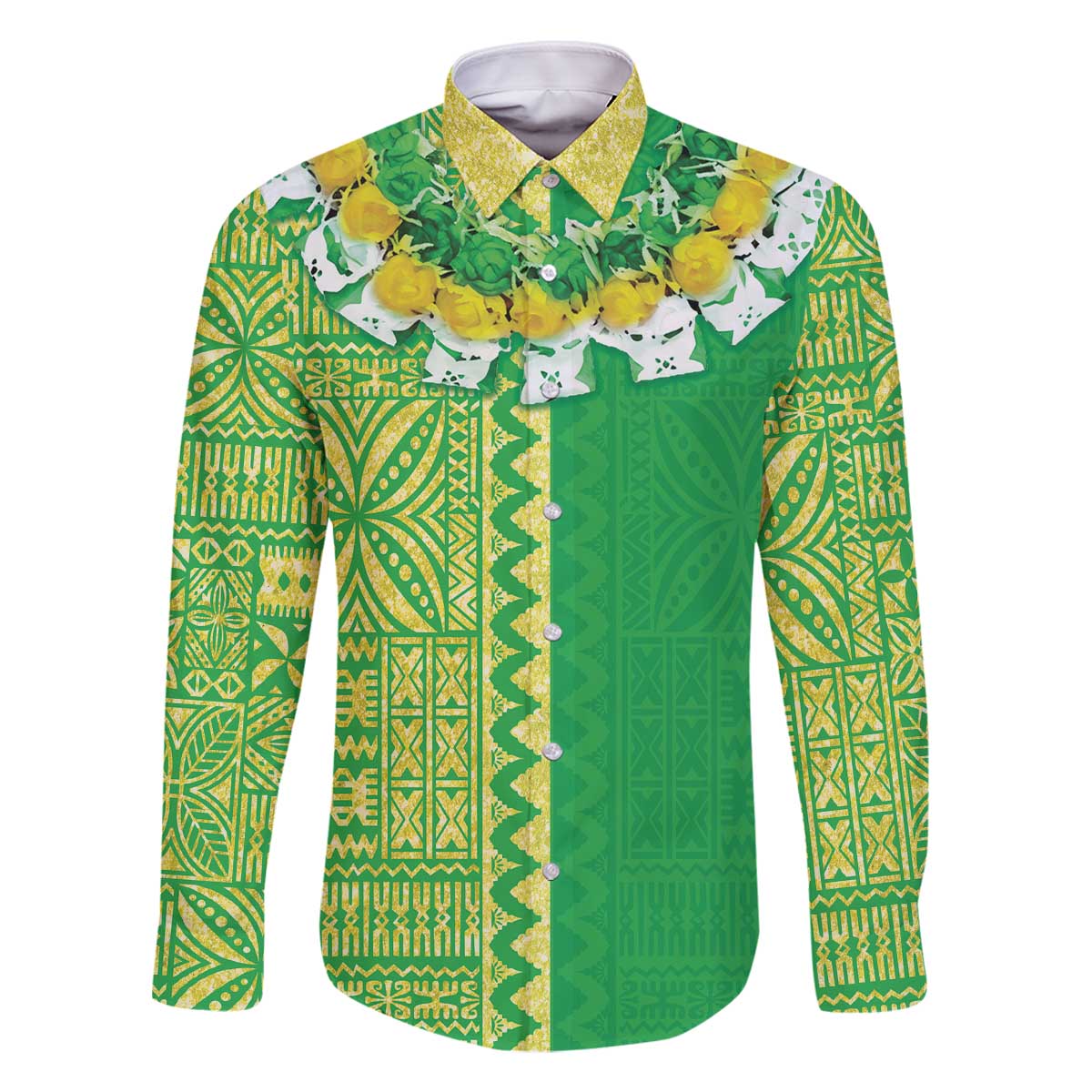 Fiji Lovoni Family Matching Off The Shoulder Long Sleeve Dress and Hawaiian Shirt Fijian Tapa Salusalu Green Glitter LT05 Dad's Shirt - Long Sleeve Green - Polynesian Pride