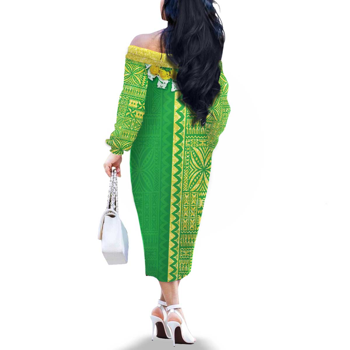 Fiji Lovoni Family Matching Off The Shoulder Long Sleeve Dress and Hawaiian Shirt Fijian Tapa Salusalu Green Glitter LT05 - Polynesian Pride