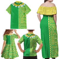 Fiji Lovoni Family Matching Off Shoulder Maxi Dress and Hawaiian Shirt Fijian Tapa Salusalu Green Glitter LT05 - Polynesian Pride