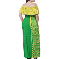 Fiji Lovoni Family Matching Off Shoulder Maxi Dress and Hawaiian Shirt Fijian Tapa Salusalu Green Glitter LT05 - Polynesian Pride