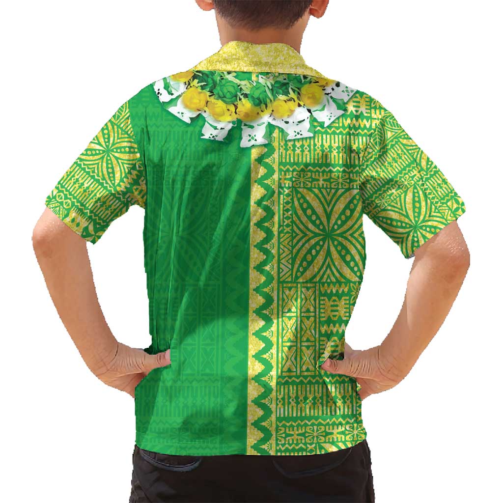 Fiji Lovoni Family Matching Off Shoulder Short Dress and Hawaiian Shirt Fijian Tapa Salusalu Green Glitter LT05 - Polynesian Pride