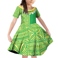 Fiji Lovoni Family Matching Off Shoulder Short Dress and Hawaiian Shirt Fijian Tapa Salusalu Green Glitter LT05 Daughter's Dress Green - Polynesian Pride