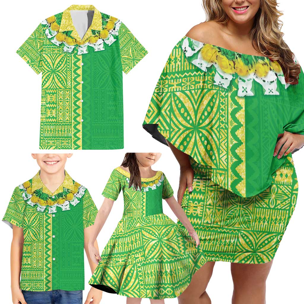 Fiji Lovoni Family Matching Off Shoulder Short Dress and Hawaiian Shirt Fijian Tapa Salusalu Green Glitter LT05 - Polynesian Pride