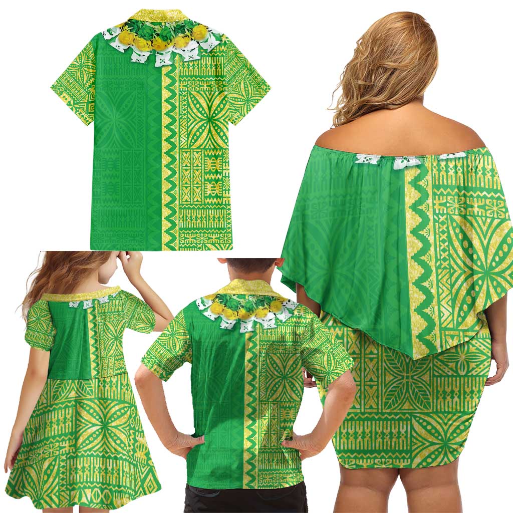 Fiji Lovoni Family Matching Off Shoulder Short Dress and Hawaiian Shirt Fijian Tapa Salusalu Green Glitter LT05 - Polynesian Pride