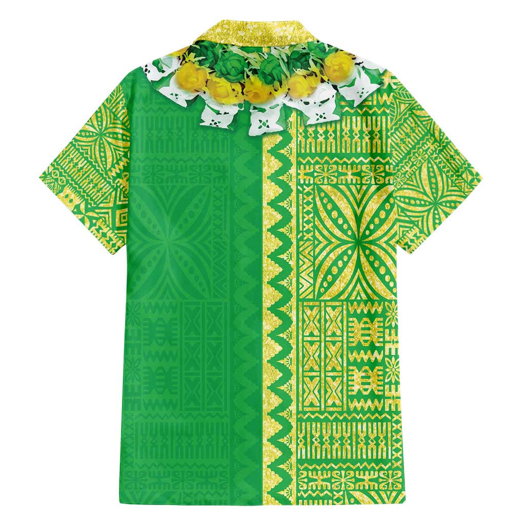 Fiji Lovoni Family Matching Off Shoulder Short Dress and Hawaiian Shirt Fijian Tapa Salusalu Green Glitter LT05 - Polynesian Pride