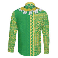 Fiji Lovoni Family Matching Off Shoulder Short Dress and Hawaiian Shirt Fijian Tapa Salusalu Green Glitter LT05 - Polynesian Pride