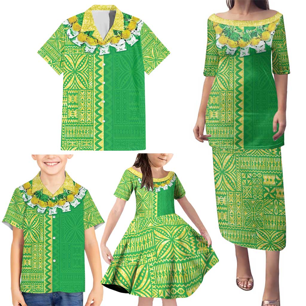 Fiji Lovoni Family Matching Puletasi and Hawaiian Shirt Fijian Tapa Salusalu Green Glitter LT05 - Polynesian Pride