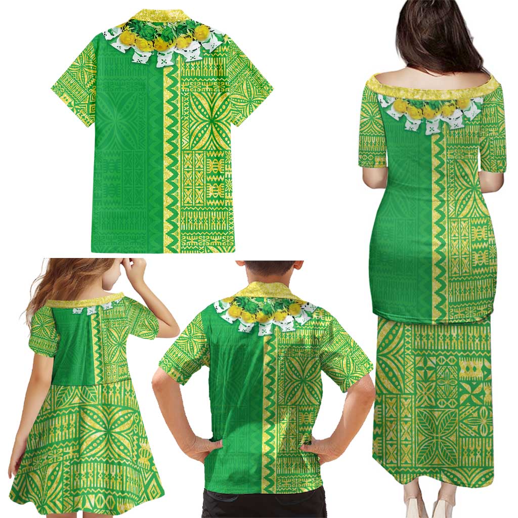 Fiji Lovoni Family Matching Puletasi and Hawaiian Shirt Fijian Tapa Salusalu Green Glitter LT05 - Polynesian Pride