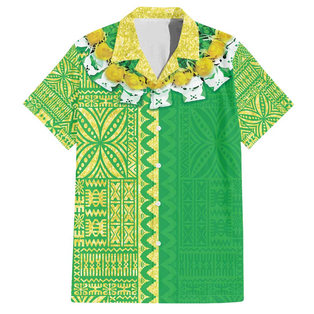 Fiji Lovoni Family Matching Puletasi and Hawaiian Shirt Fijian Tapa Salusalu Green Glitter LT05 Dad's Shirt - Short Sleeve Green - Polynesian Pride