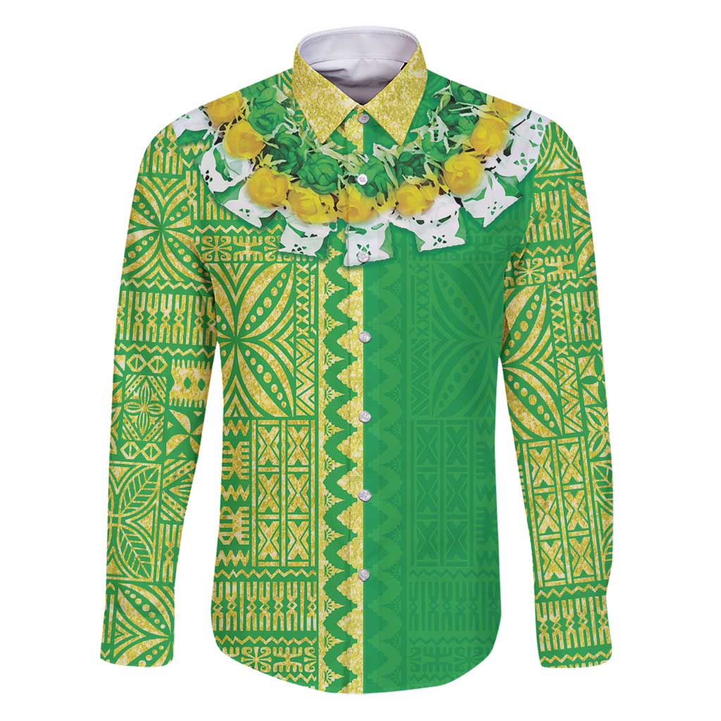 Fiji Lovoni Family Matching Puletasi and Hawaiian Shirt Fijian Tapa Salusalu Green Glitter LT05 Dad's Shirt - Long Sleeve Green - Polynesian Pride