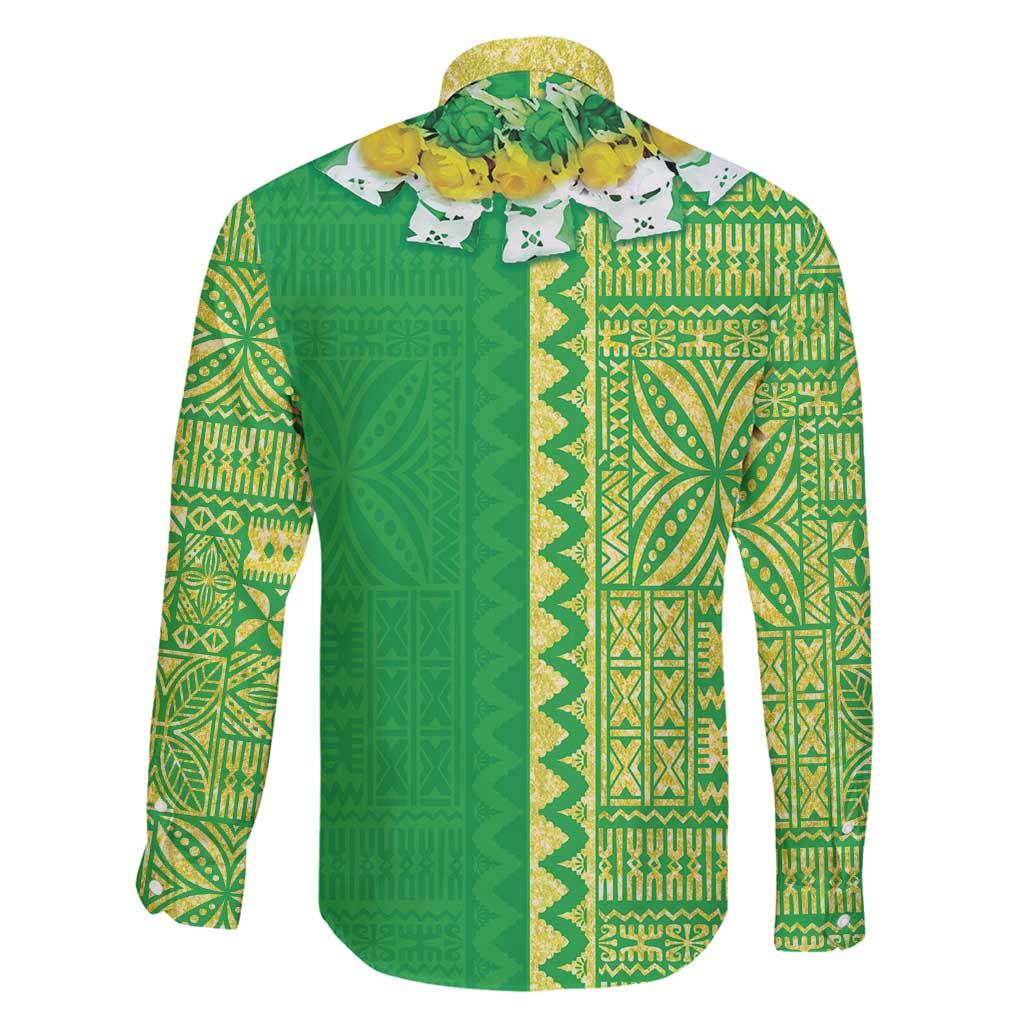 Fiji Lovoni Family Matching Puletasi and Hawaiian Shirt Fijian Tapa Salusalu Green Glitter LT05 - Polynesian Pride