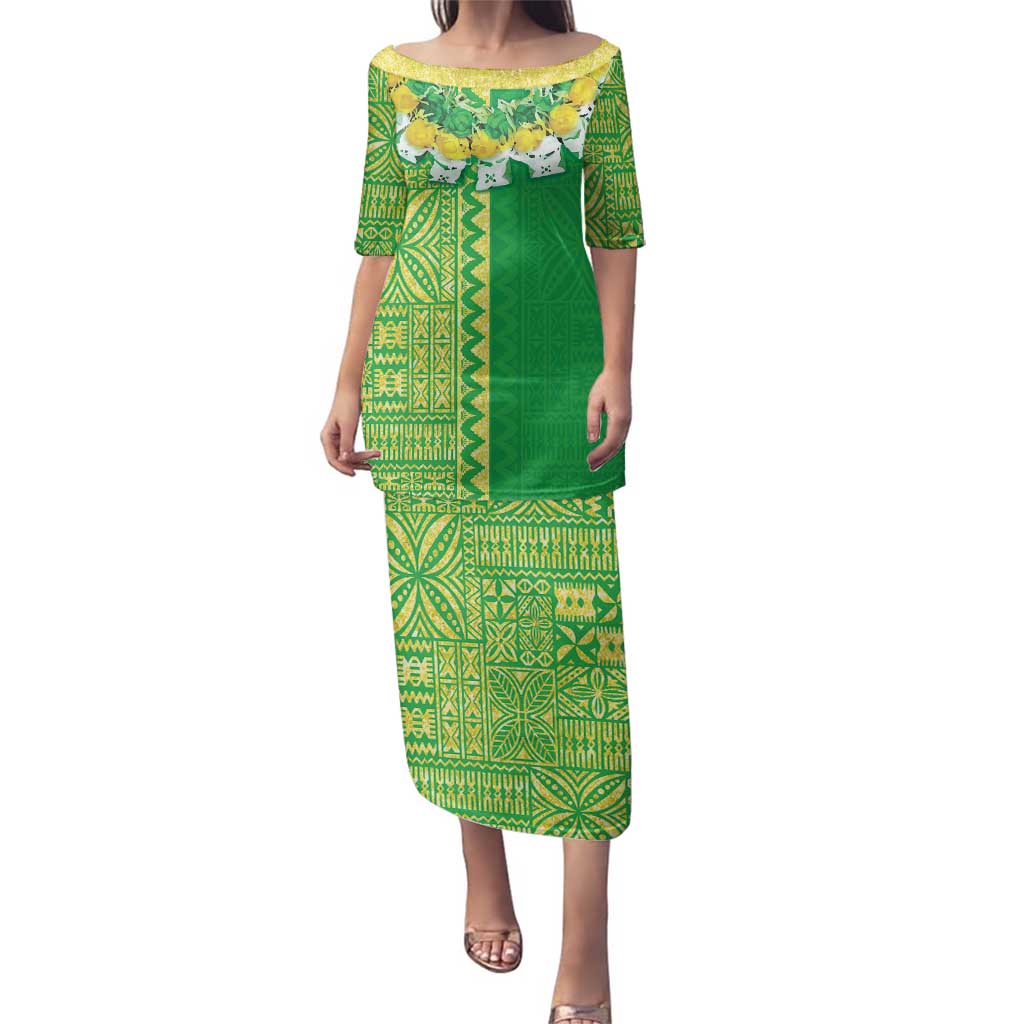 Fiji Lovoni Family Matching Puletasi and Hawaiian Shirt Fijian Tapa Salusalu Green Glitter LT05 Mom's Dress Green - Polynesian Pride