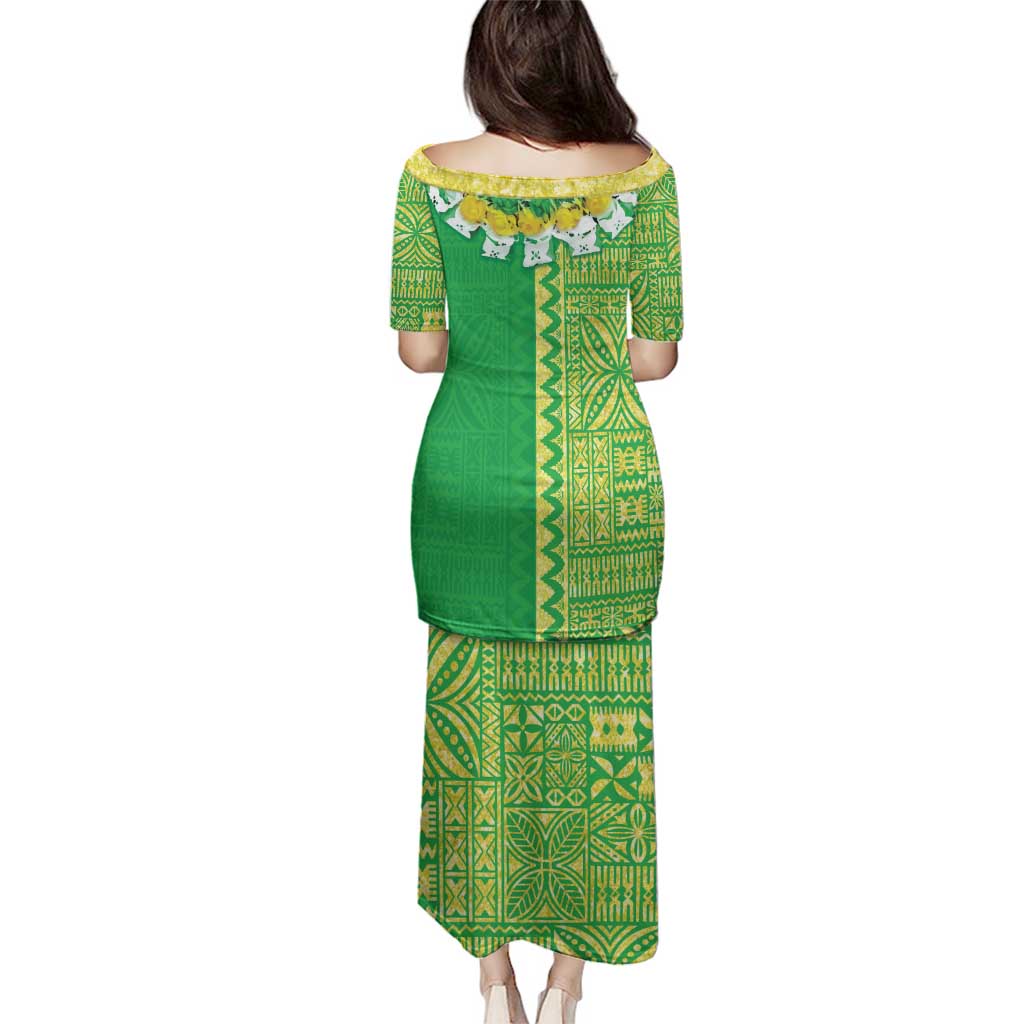 Fiji Lovoni Family Matching Puletasi and Hawaiian Shirt Fijian Tapa Salusalu Green Glitter LT05 - Polynesian Pride