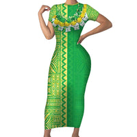 Fiji Lovoni Family Matching Short Sleeve Bodycon Dress and Hawaiian Shirt Fijian Tapa Salusalu Green Glitter LT05 Mom's Dress Green - Polynesian Pride