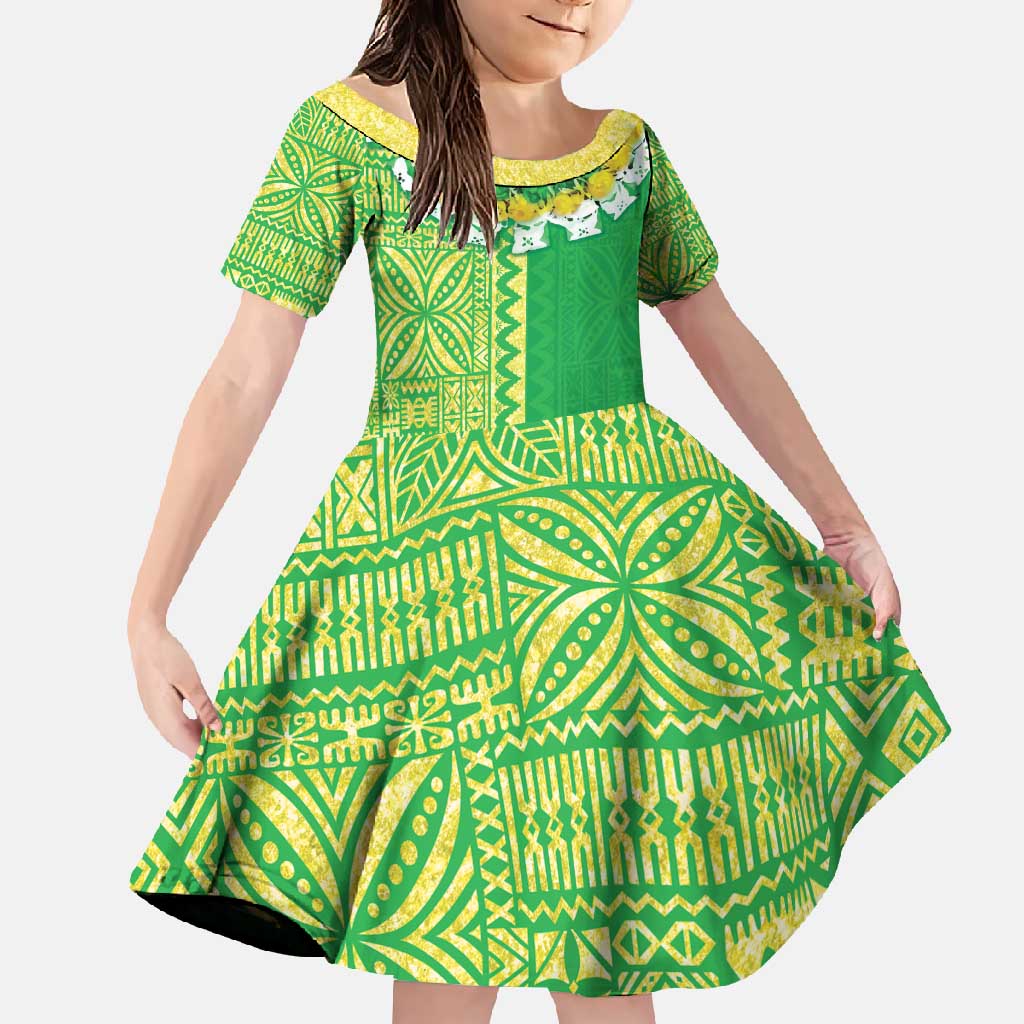 Fiji Lovoni Family Matching Summer Maxi Dress and Hawaiian Shirt Fijian Tapa Salusalu Green Glitter LT05 Daughter's Dress Green - Polynesian Pride