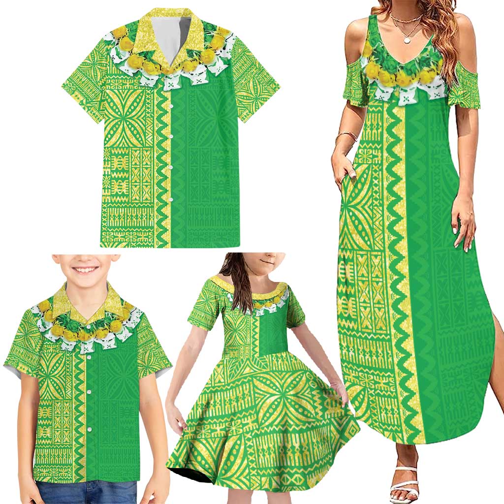 Fiji Lovoni Family Matching Summer Maxi Dress and Hawaiian Shirt Fijian Tapa Salusalu Green Glitter LT05 - Polynesian Pride
