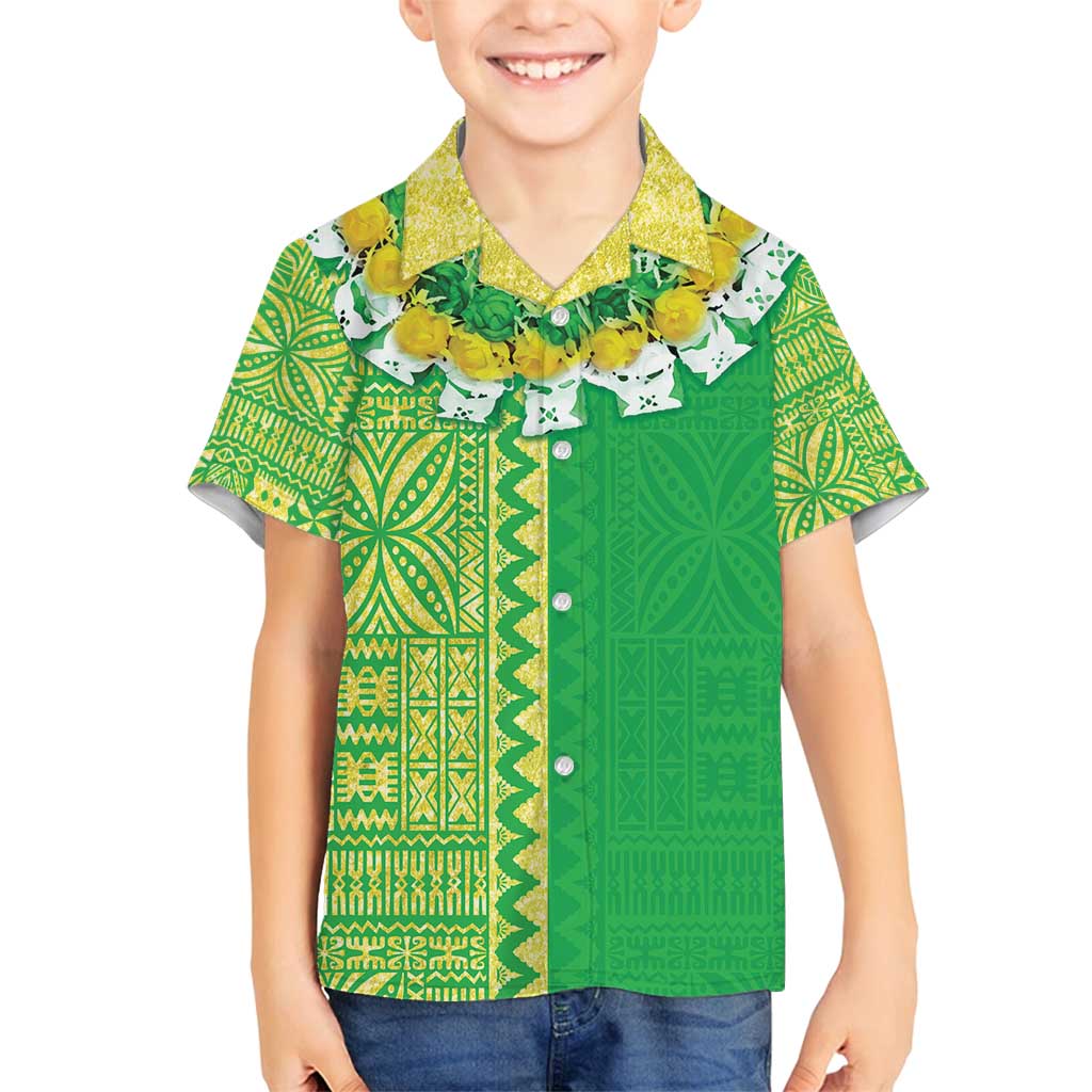 Fiji Lovoni Family Matching Summer Maxi Dress and Hawaiian Shirt Fijian Tapa Salusalu Green Glitter LT05 Son's Shirt Green - Polynesian Pride