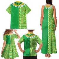 Fiji Lovoni Family Matching Tank Maxi Dress and Hawaiian Shirt Fijian Tapa Salusalu Green Glitter LT05 - Polynesian Pride